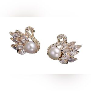 Gold&Pearl Swan Earrings With Pearl Zirconia Stones 925 Sterling Silver